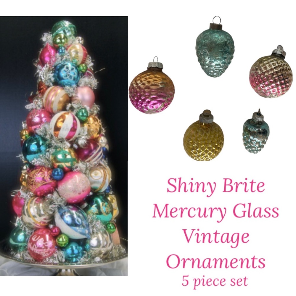 Shiny Brite Vintage Christmas Ornaments Lot Silver Pink Mercury Glass Pinecones